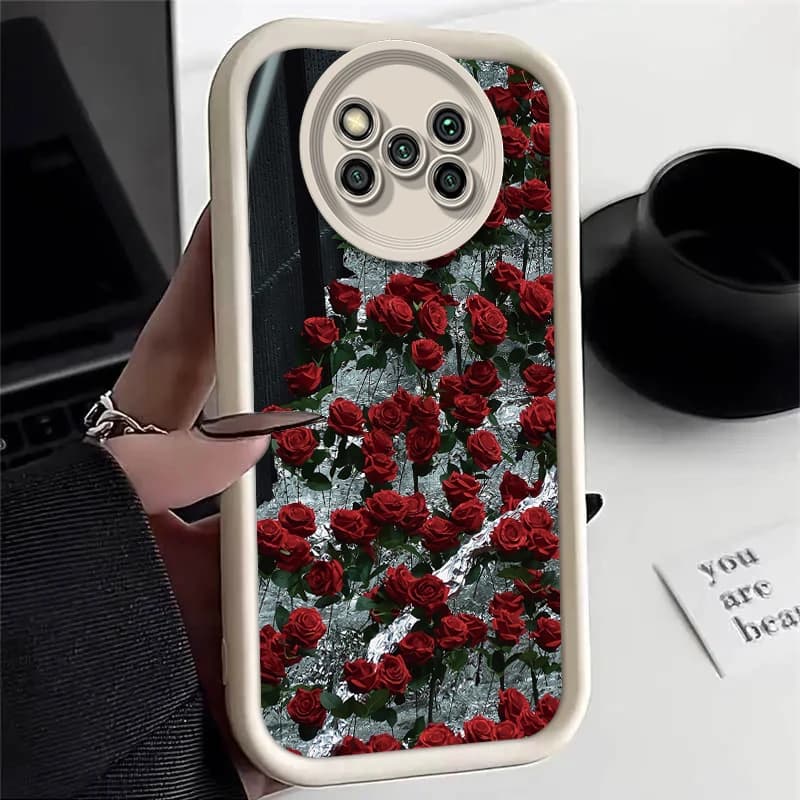 Capa silicone branca para Poco Xiaomi Mi com estampa realista de muitas rosas vermelhas