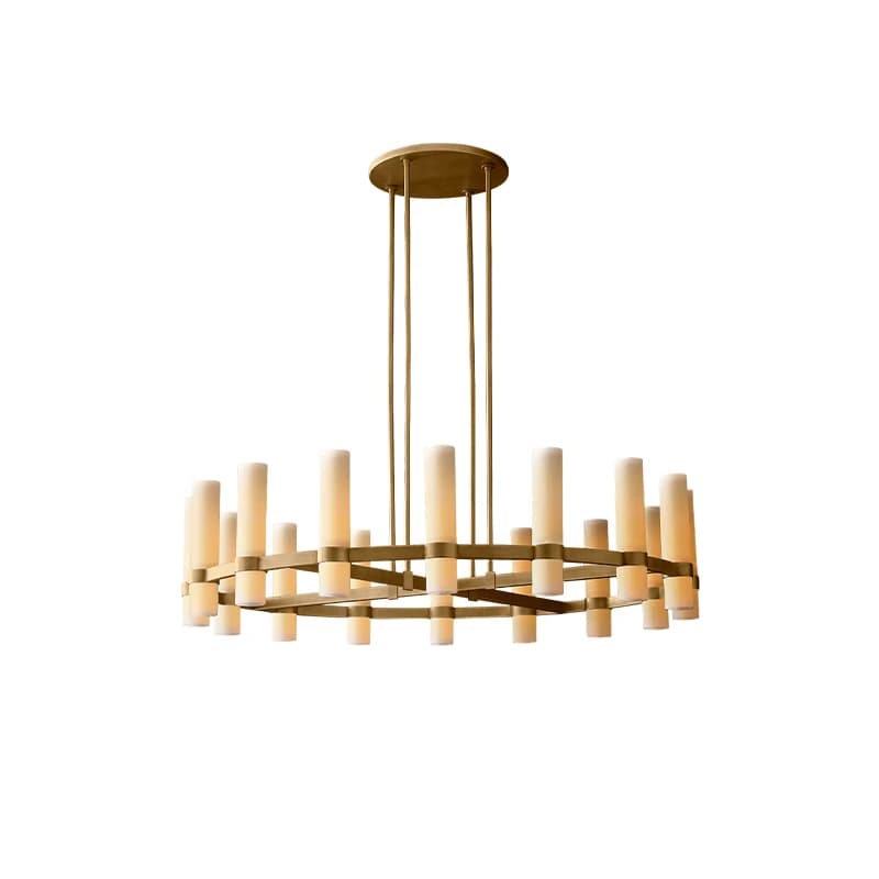 Lustre pendente americano redondo linear em latão dourado com cúpulas brancas foscas para hall e sala de jantar