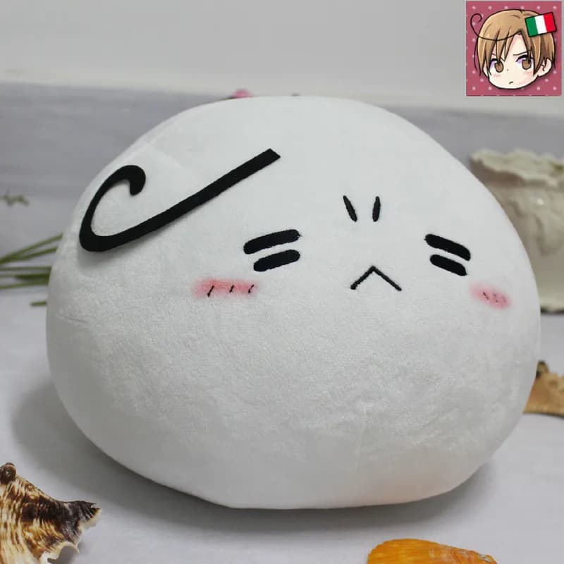 Almofada de pelúcia branca Aph Hetalia Mochi personagem de anime infantil com expressão triste e detalhe preto