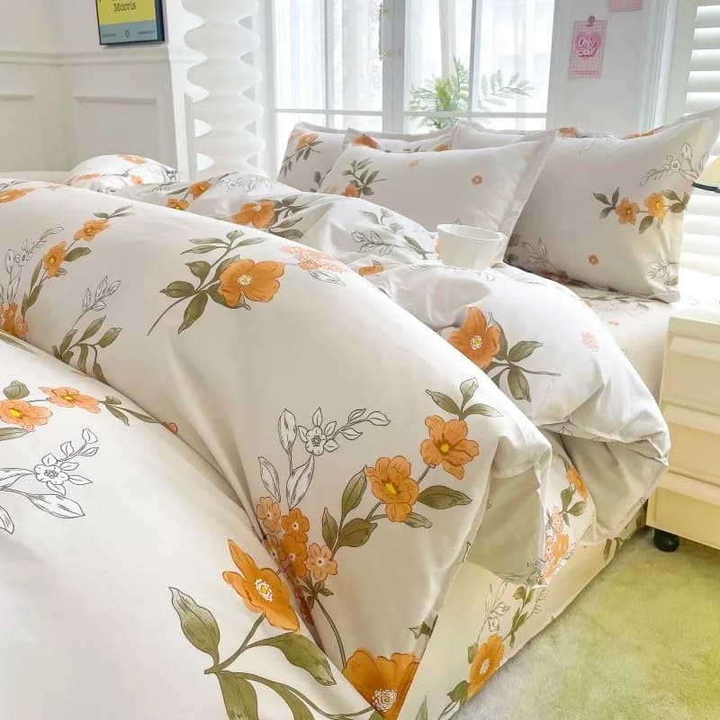 Conjunto de roupa de cama floral 4 peças full amarelo com estampa de flores amarelas e folhas verdes