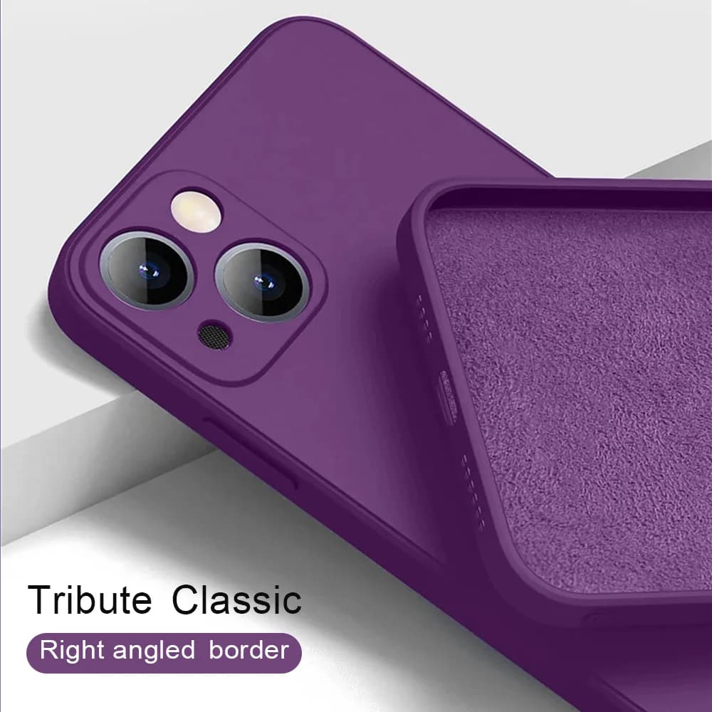Capa de telefone em silicone líquido para iPhone, cor roxa escura, com recortes para câmera e botões.