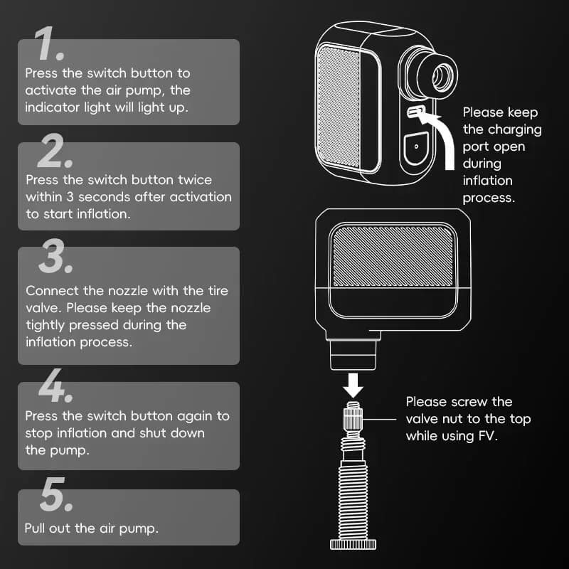 Instruções de uso do compressor de ar portátil ROCKBROS com ilustrações do dispositivo e válvula de pneu