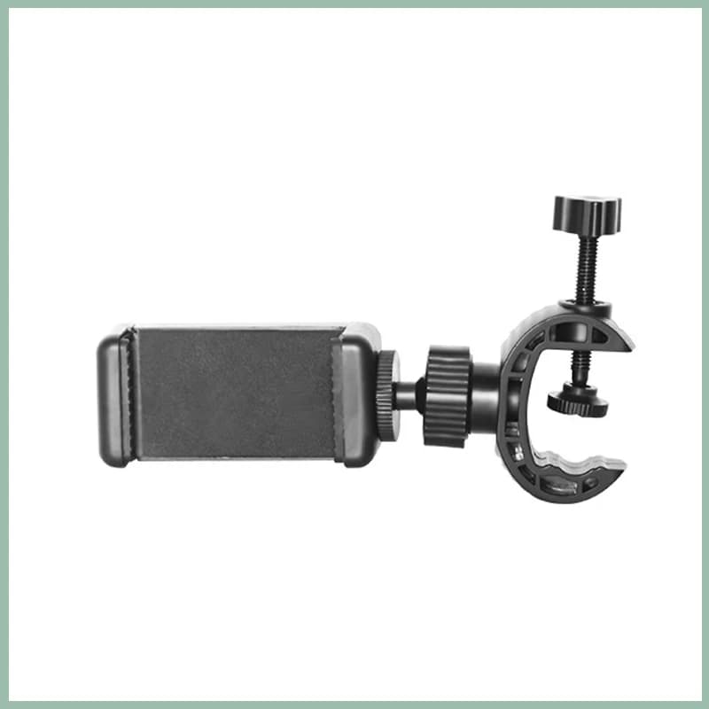 Suporte para celular universal articulado preto com fixação em formato de grampo e ajuste de rotação
