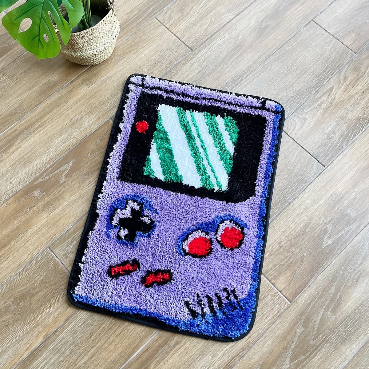 Tapete de console de jogos Game Boy tufado, antiderrapante, decorativo, cores roxo e azul.