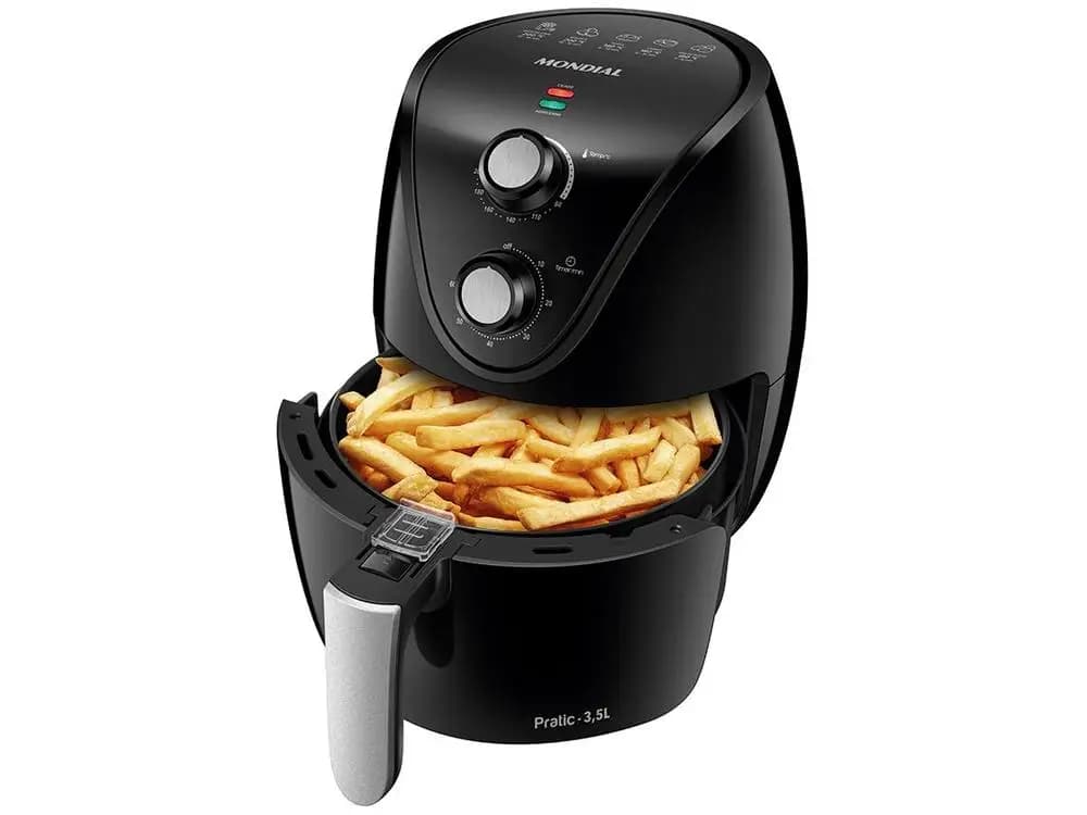 Fritadeira elétrica sem óleo Mondial, modelo AF-31, 3,5L, preta, com batatas fritas.