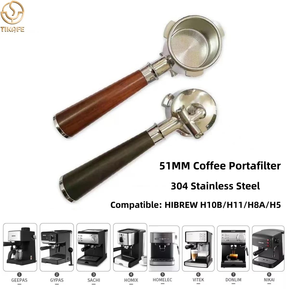 Portafiltro de 51mm com bico duplo em aço inoxidável e cabo de madeira, compatível com várias marcas de máquinas de café