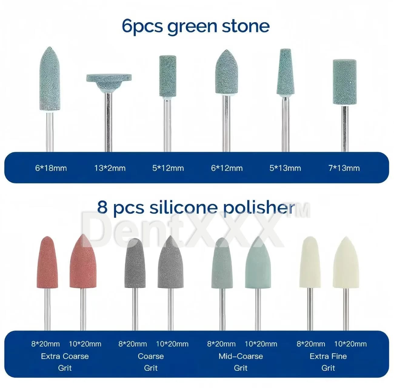 Conjunto de 6 pedras verdes e 8 polidores de silicone em diferentes tamanhos e granulações para polimento detalhado