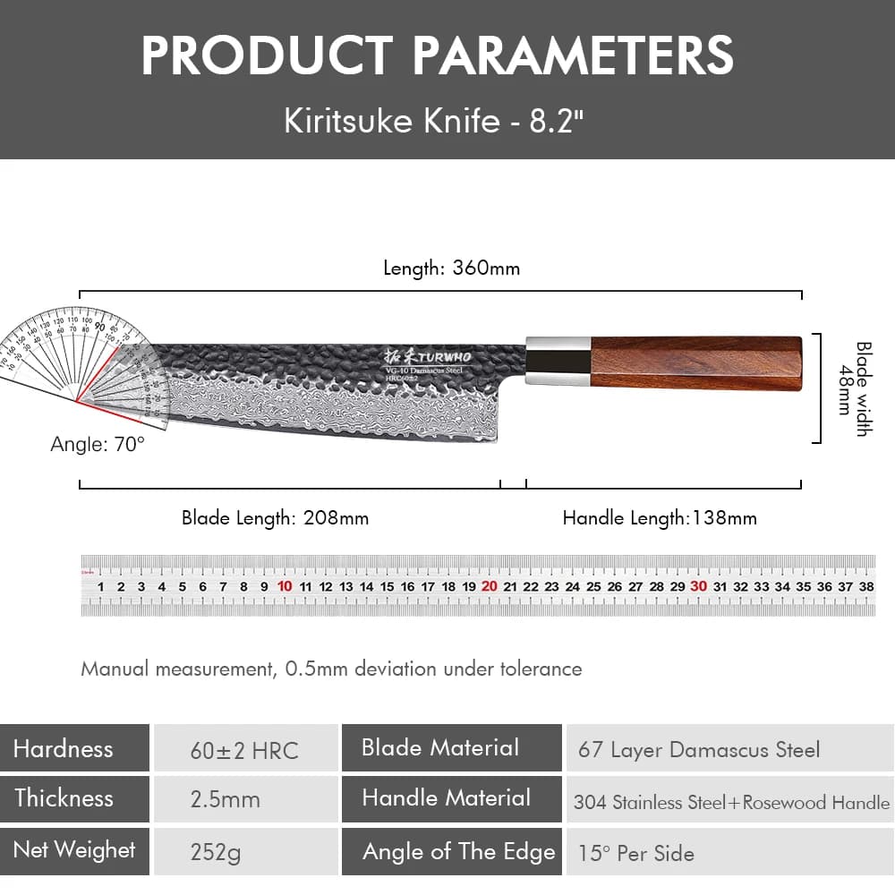 Parâmetros da faca Turwho Kiritsuke 8.2 polegadas com lâmina de aço damasco 67 camadas e cabo de madeira de rosa