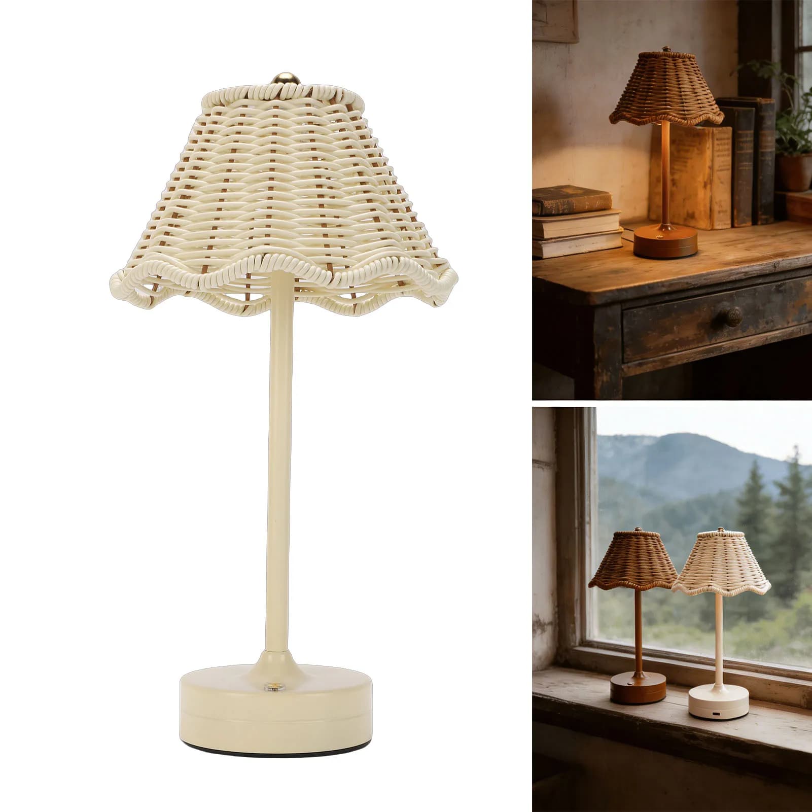 Luminária de mesa vintage LED com acabamento de vime, iluminação ajustável, três cores, para quarto.