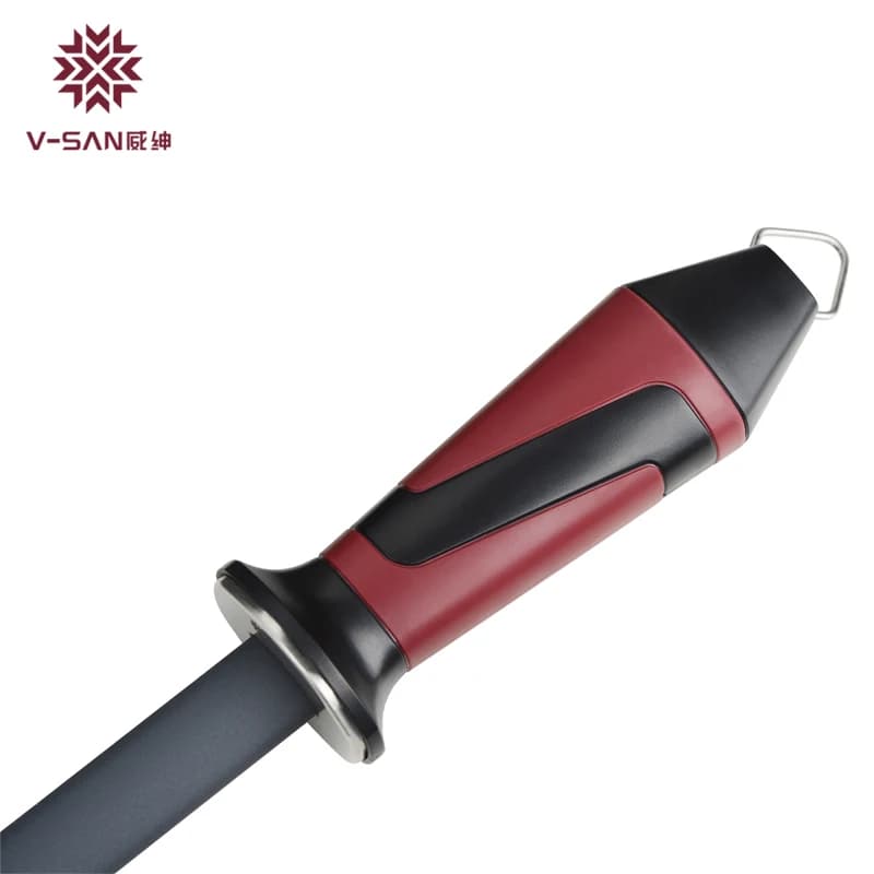 Afiador de facas TAIDEA V-SAN com haste de cerâmica preta, cabo ergonômico vermelho e preto