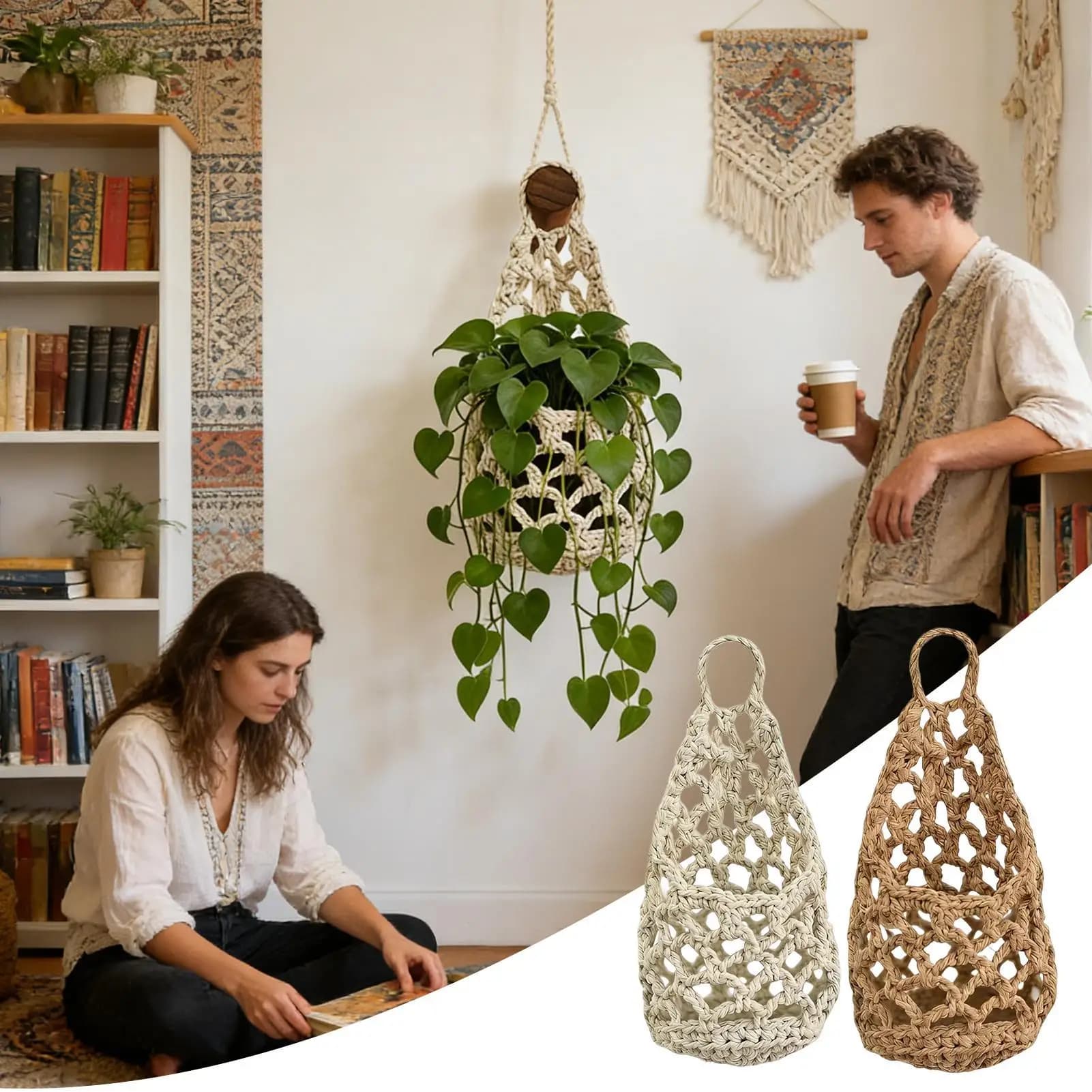 Suporte de macramê de algodão artesanal para plantas, decoração boho para vasos pequenos
