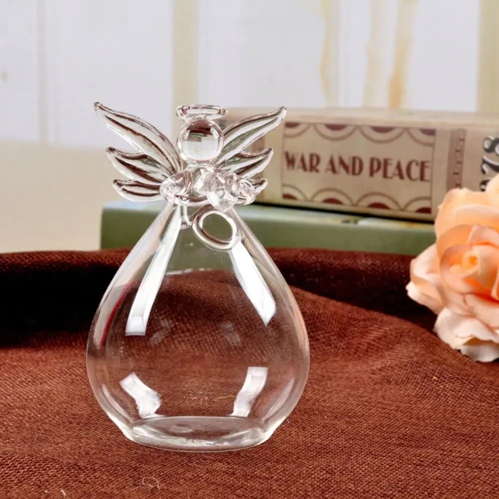 Vaso transparente em forma de anjo com flor amarela, vidro borossilicato, artesanal