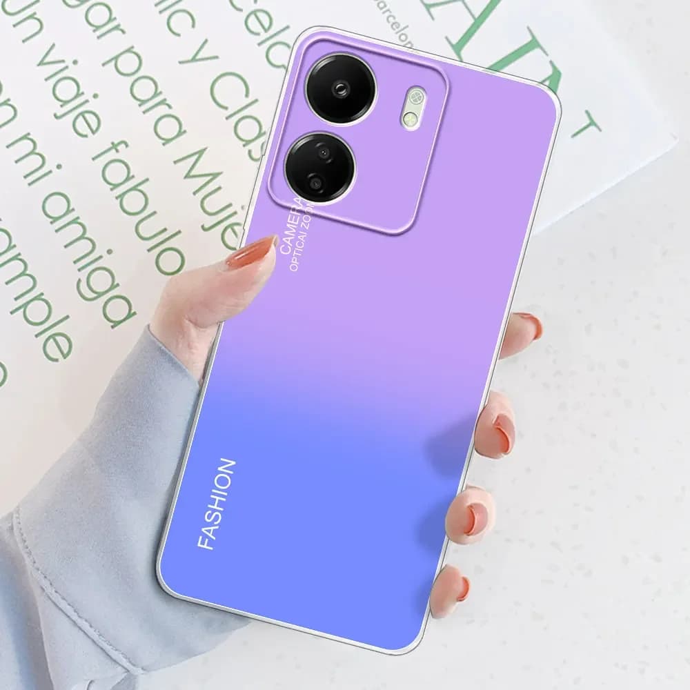 Capa para celular Xiaomi Poco C65 C55 C51 C50 silicone flexível transparente com degradê roxo e azul e texto fashion