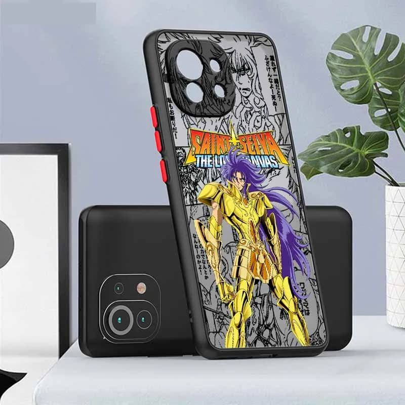 Capa fosca translúcida cinza Saint Seiya com personagem dourado e roxo para Xiaomi Redmi Note