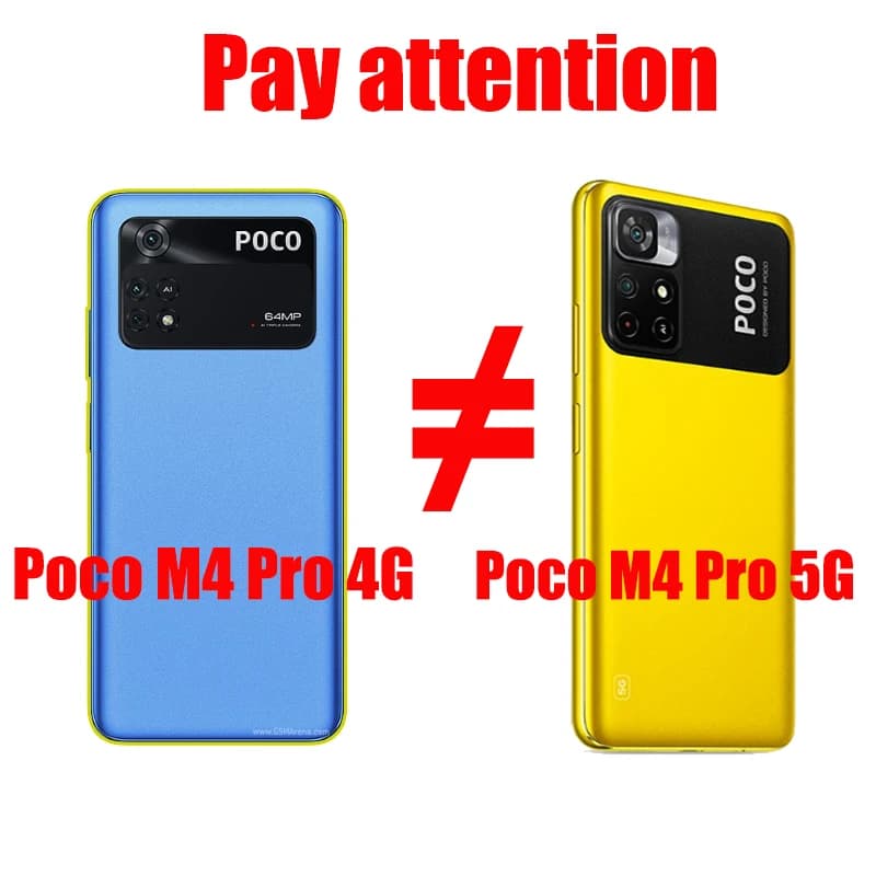 Comparação entre celulares Poco M4 Pro 4G azul e Poco M4 Pro 5G amarelo com texto de atenção
