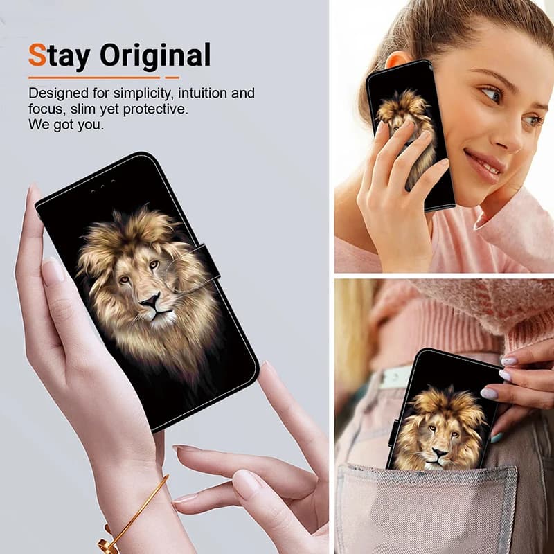 Capas flip carteira para Xiaomi Redmi com designs variados, incluindo leões, gatinhas, elementos naturais e padrões abstratos.