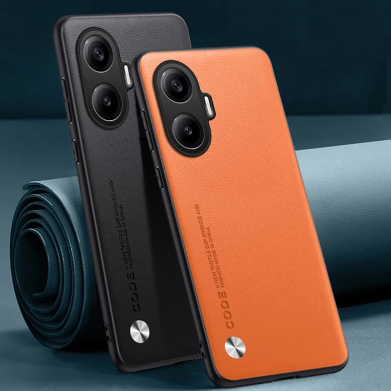 Capa de telefone Xiaomi Poco F7 5G em couro PU preto e laranja com proteção à prova de choque