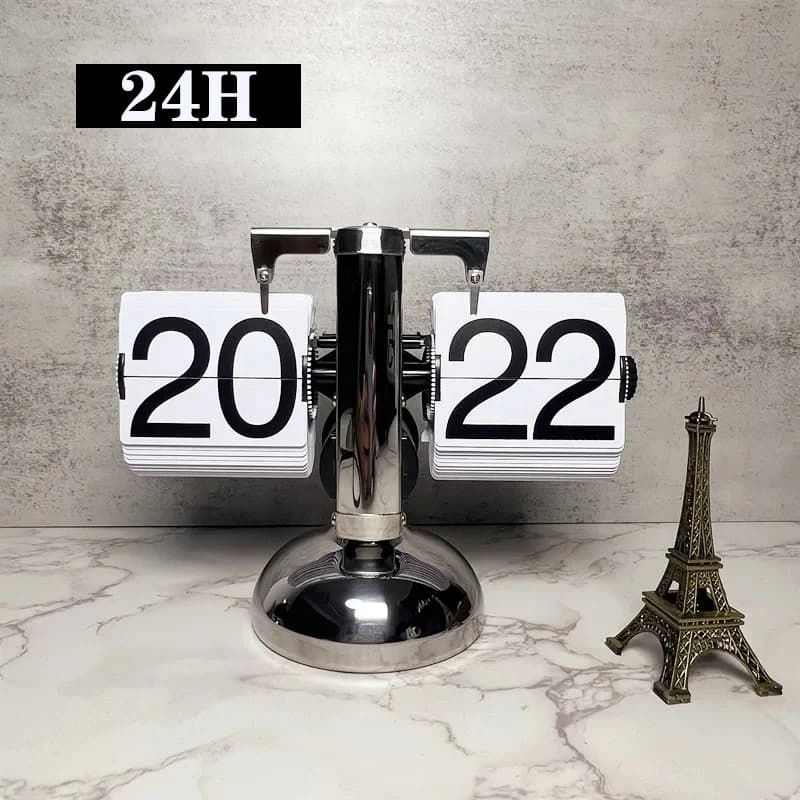 Relógio de Mesa Flip Automático Virar Preto com base metálica e números brancos em fundo preto 24 horas