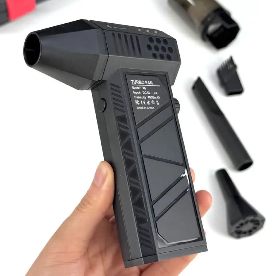 Secador de cabelo turbo ventilador X6, modelo XS, com entrada DC 5V-2A e capacidade de 400mAh, feito na China, com acessórios.