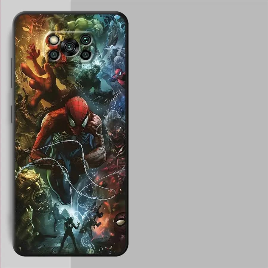 Capa para celular Xiaomi Poco com arte do Homem-Aranha em ação e outros personagens Marvel