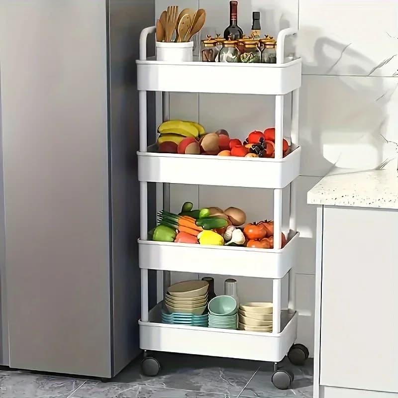 Carrinho de armazenamento multifuncional branco com prateleiras abertas para livros e itens de decoração