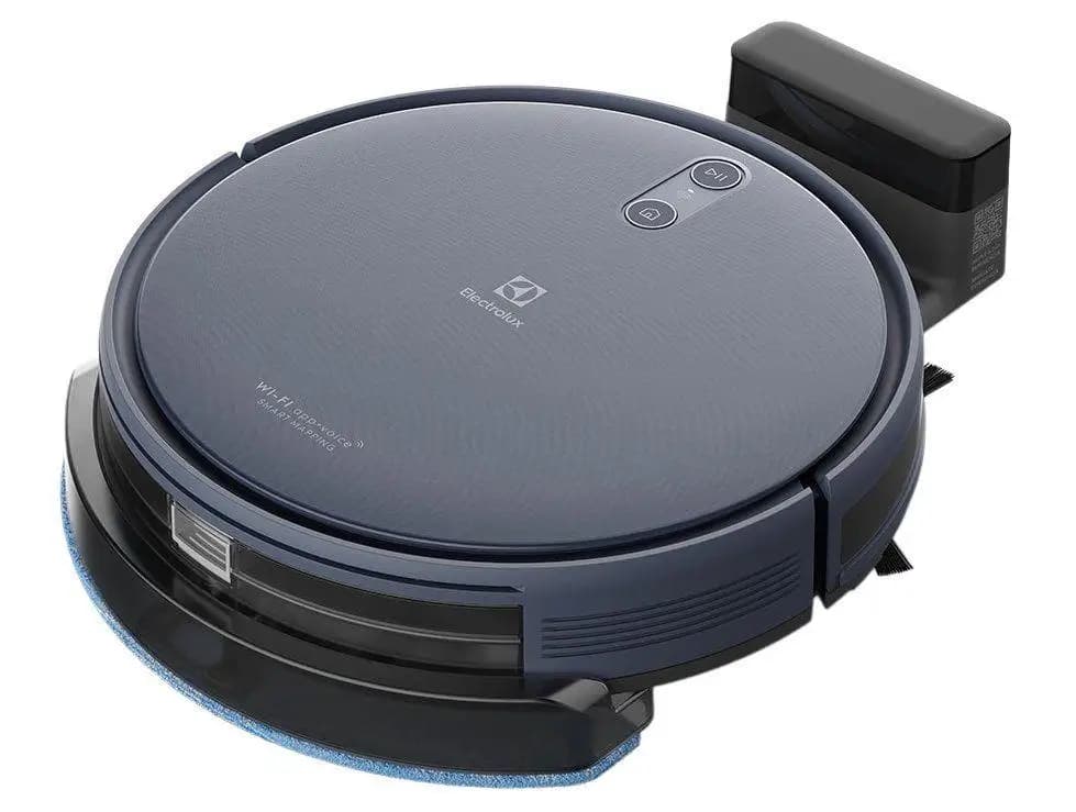 Robô aspirador Electrolux Experience ERB44 4 em 1, cinza escuro, botão de controle, superfície de limpeza azul e preto