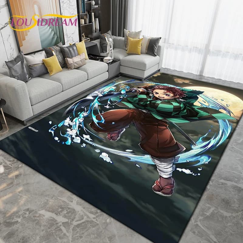 Tapete grande de desenho animado de Demon Slayer, antiderrapante, para sala de estar e decoração de quarto infantil.