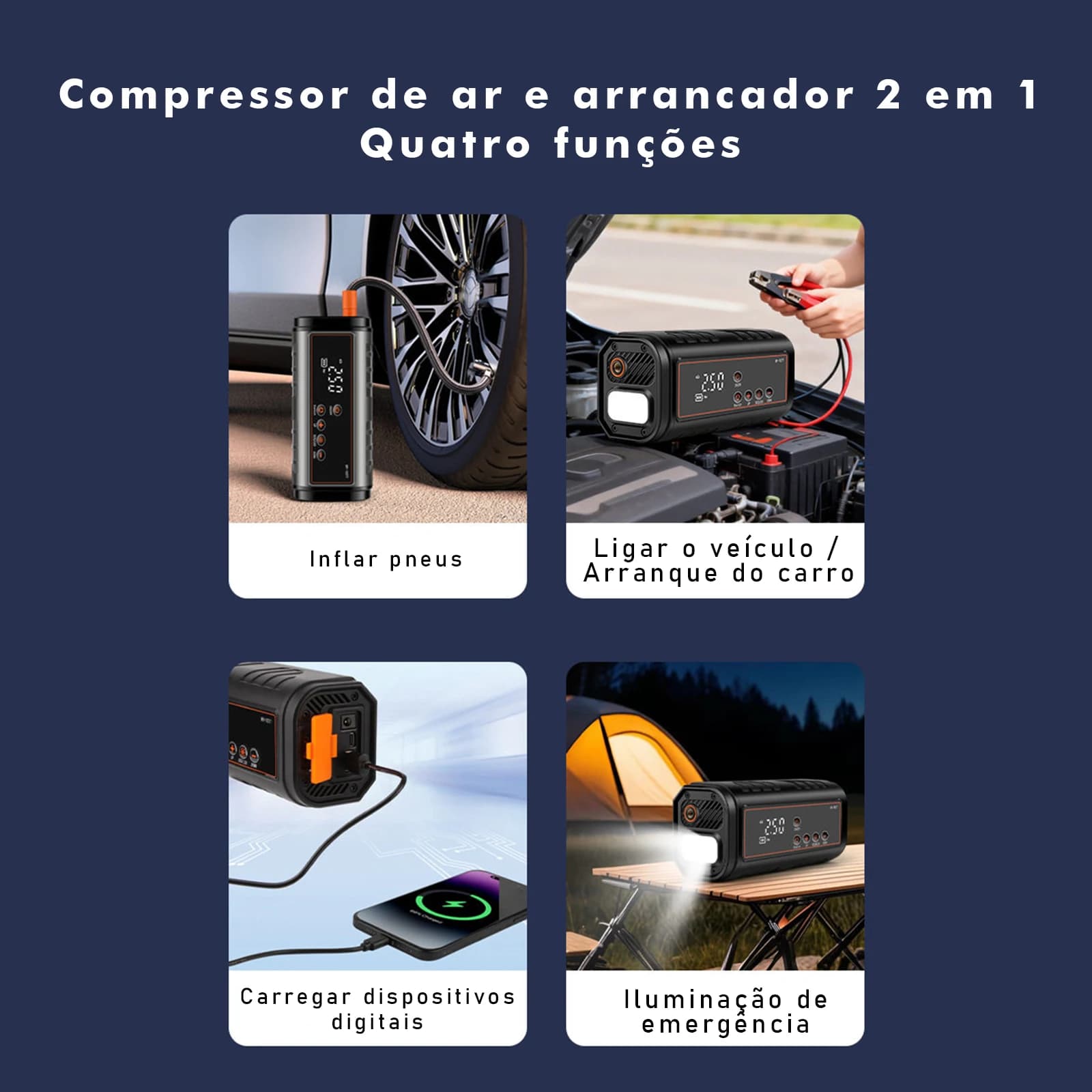 Power Bank com Compressor de Ar para Carro 2 em 1 Arranque de Emergência 8000mAh Inflador de Pneus Luz SOS Carregamento Tipo-C