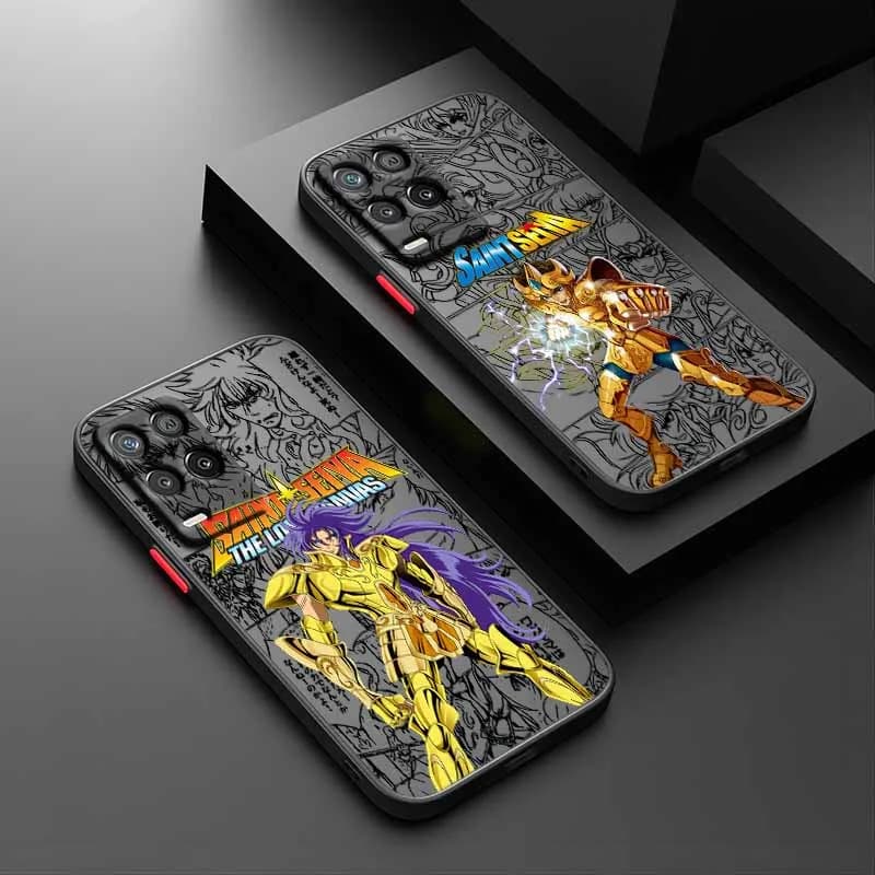 Capa de celular fosca translúcida cinza Saint Seiya com detalhes amarelo e dourado para Xiaomi Redmi Note