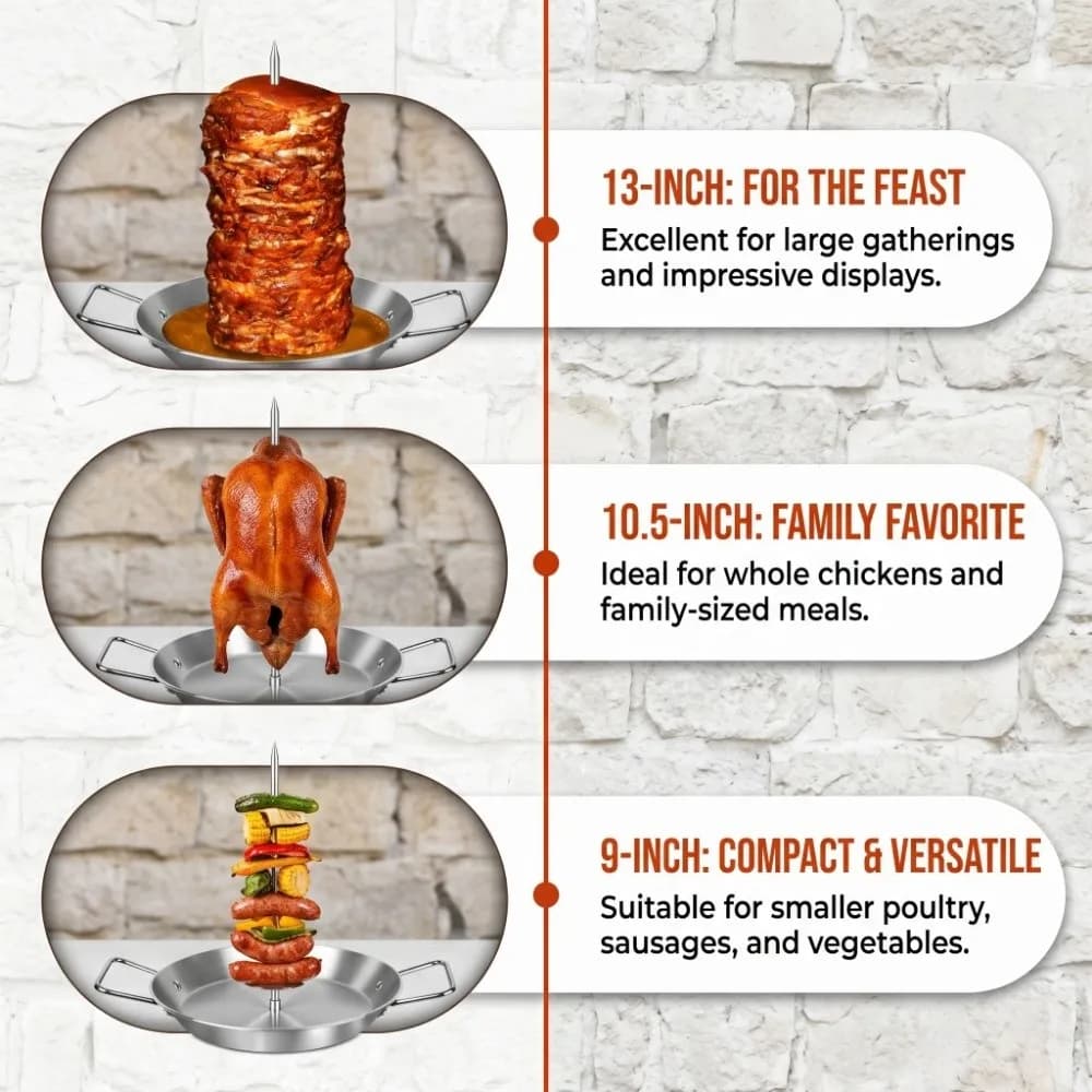 Suporte para espetos de shawarma em 3 tamanhos 13, 10.5 e 9 polegadas com exemplos de uso para carne, frango e legumes