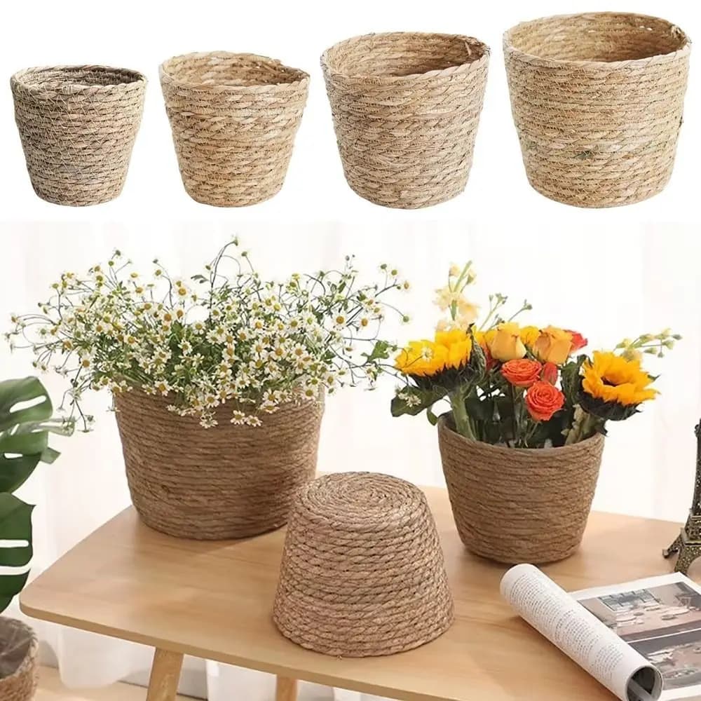 Conjunto de quatro cestos para plantas Jácotei Terraço Decor em palha de rattan marrom
