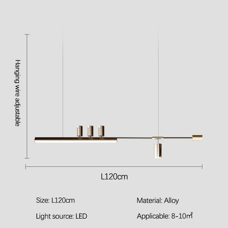 Esquema técnico luminária pendente Sandyha Nordic linear LED dourada tamanho 120cm material liga metálica