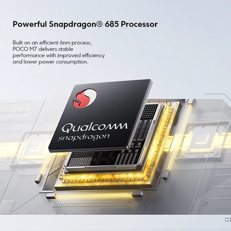 Processador Snapdragon 685 Qualcomm para smartphone Xiaomi POCO M7 com eficiência energética avançada