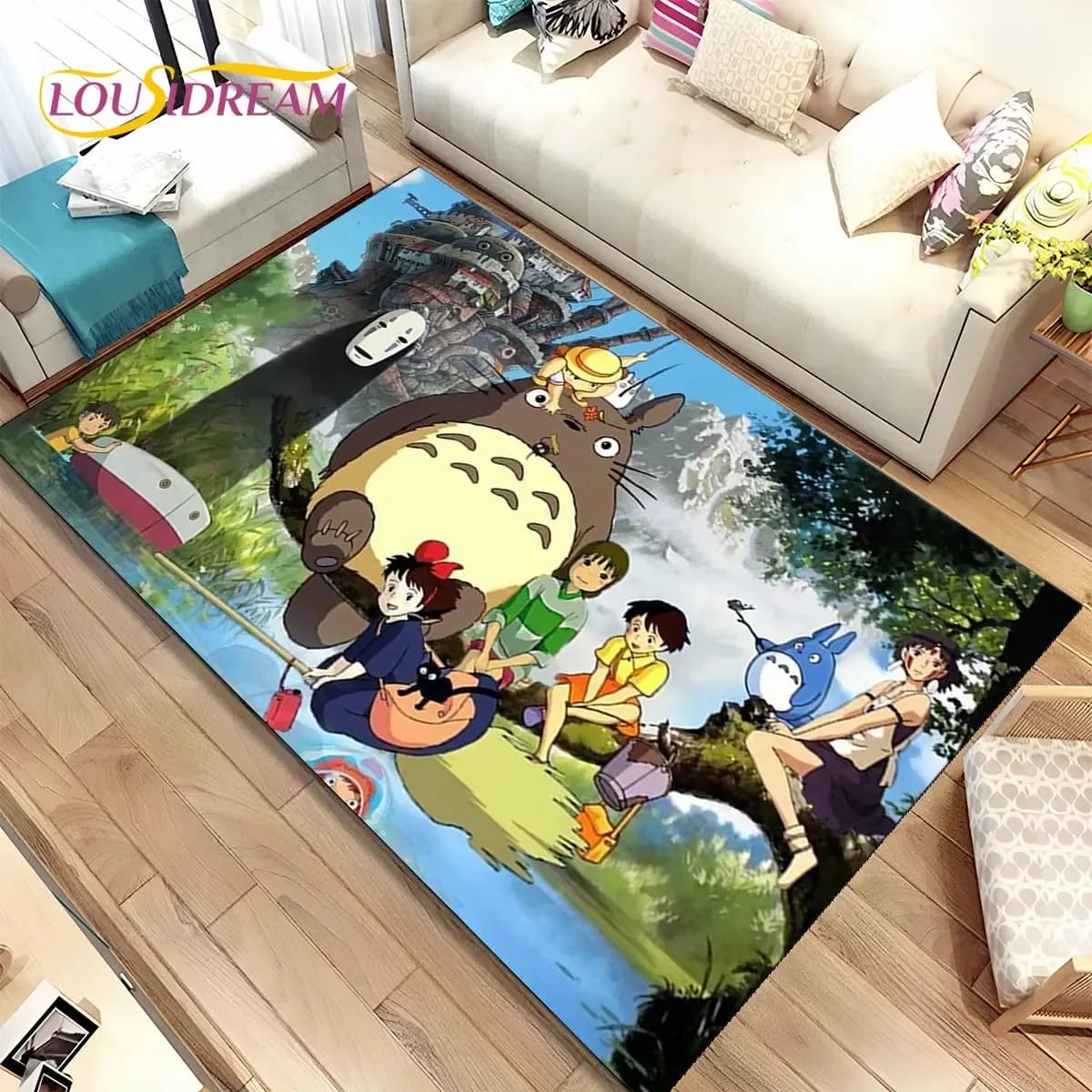 Tapete antiderrapante infantil verde escuro com estampa 3D dos personagens de Spirited Away