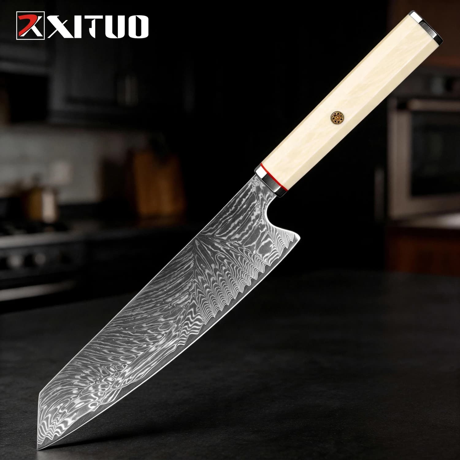 Faca de chef Kiritsuke XITUO de 8 polegadas com lâmina de aço damasco e cabo em imitação de marfim