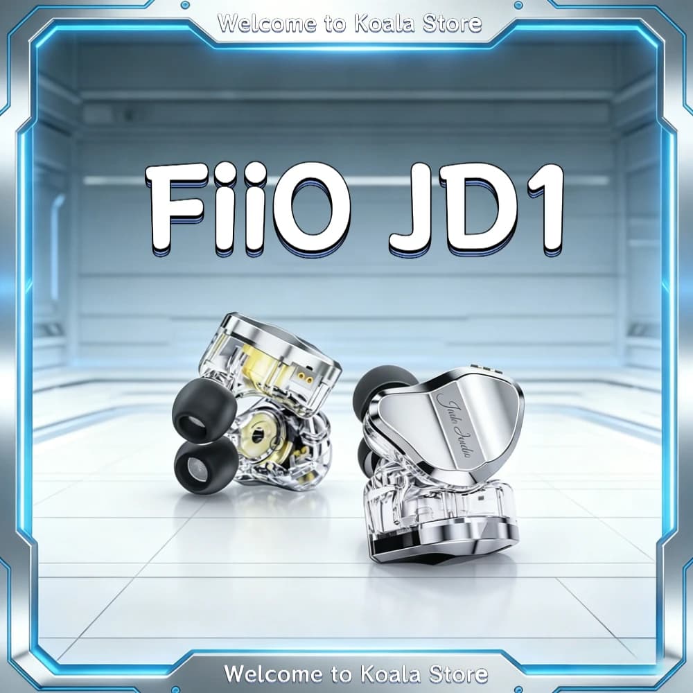 Fones de ouvido intra-auriculares FiiO JD1 com drivers magnéticos LCP, design transparente e moldura azul.
