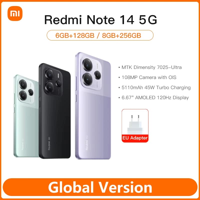 Xiaomi Redmi Note 14 5G em três cores: verde, preto e lilás, com especificações técnicas.
