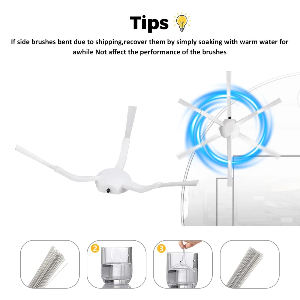 Escova lateral branca para aspirador robô Xiaomi 1C com instruções para recuperação das cerdas com água morna
