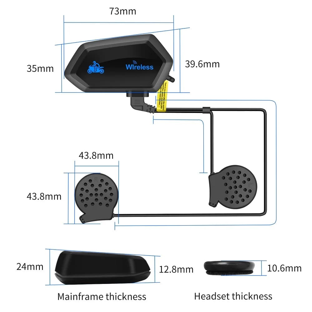 Fones de ouvido sem fio para capacete de motocicleta, com controles de volume e botão de chamada, cor preta.