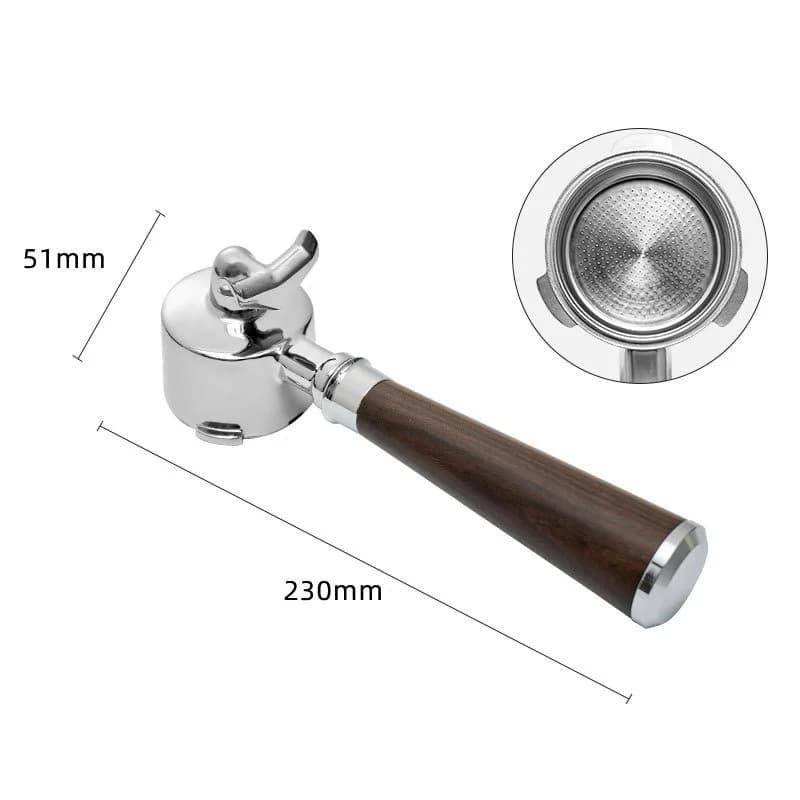 Portafiltro para máquina de café 51mm com bico duplo e cabo de madeira escura, aço inox prateado