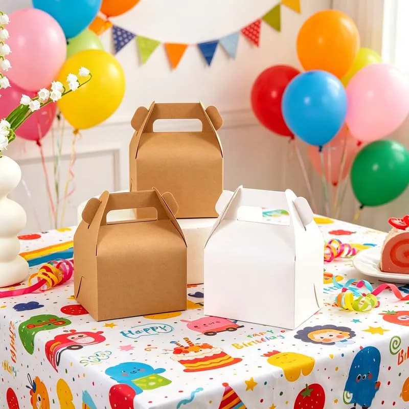 Caixas de presente kraft marrom e branca com alça na tampa em mesa decorada para festa infantil