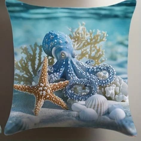 Capa de almofada azul com estampa de polvo e estrela do mar em pelúcia curta textura macia