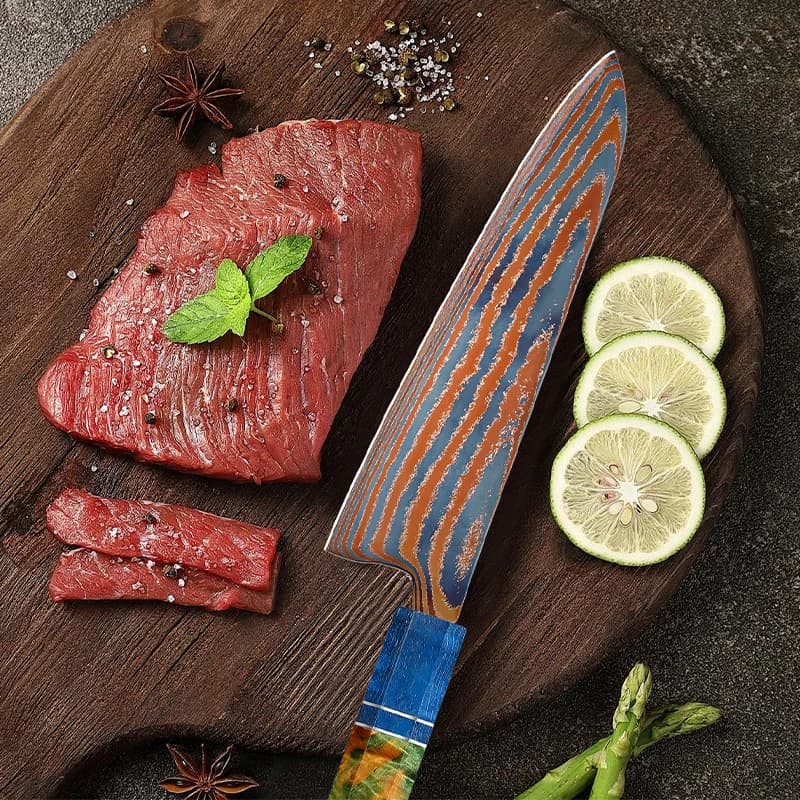 Faca de chef profissional Timascus com lâmina de aço damasco azul e laranja, 8 polegadas, cortando carne