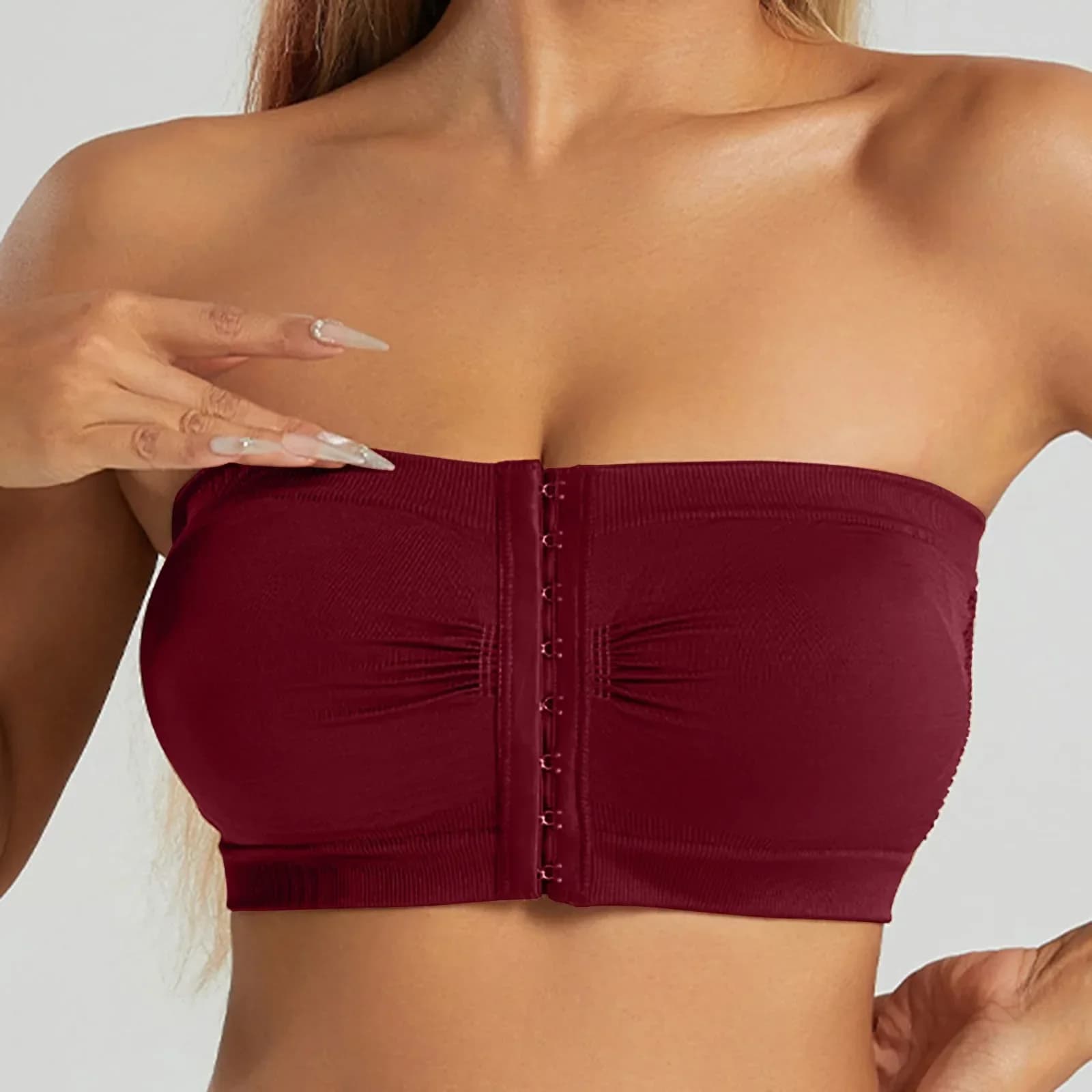 Sutiã bralette sem alças vinho, sem bojo e costura, fechamento frontal com colchetes