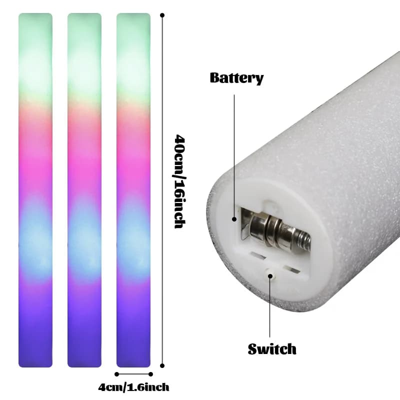 Vara de LED para festa multicolorida 40cm com espuma tubular e bateria com interruptor