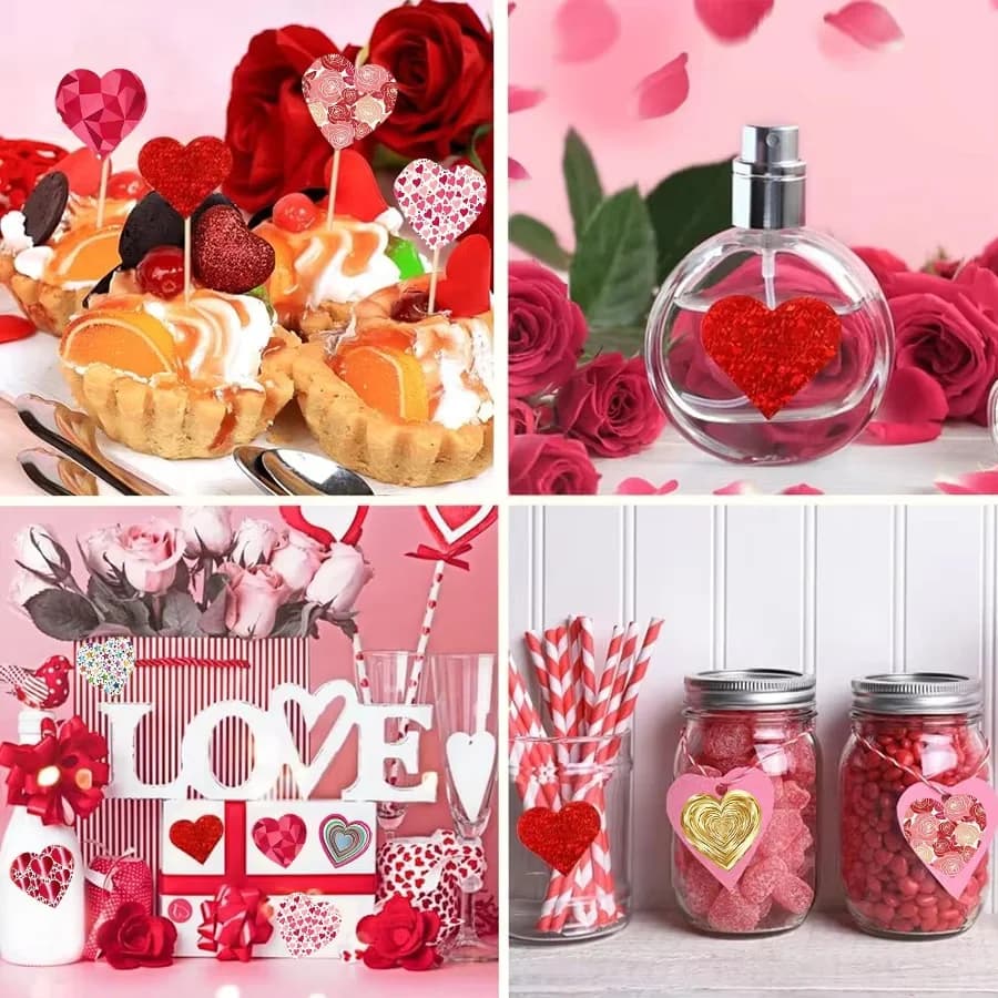 Adesivos decorativos de corações vermelhos e dourados usados em doces, frascos e decoração de festa