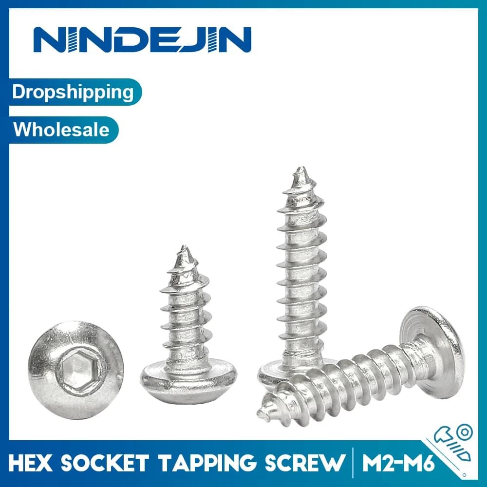 NINDEJIN 5-50pcs Cabeça de Botão Hex Soquete Parafuso Auto-roscante M2 M2.6 M3 M4 M5 M6 Cabeça Allen de Aço Inoxidável Parafuso de Madeira