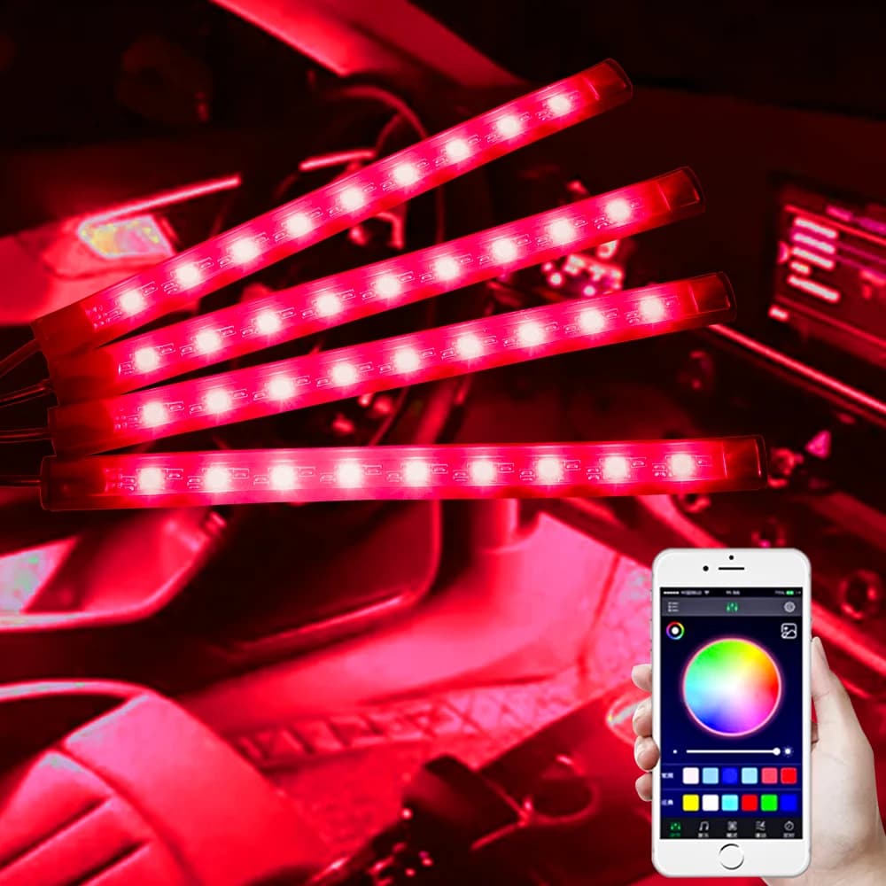Luz ambiente automotiva LED vermelha controlada por aplicativo no celular para interior do carro