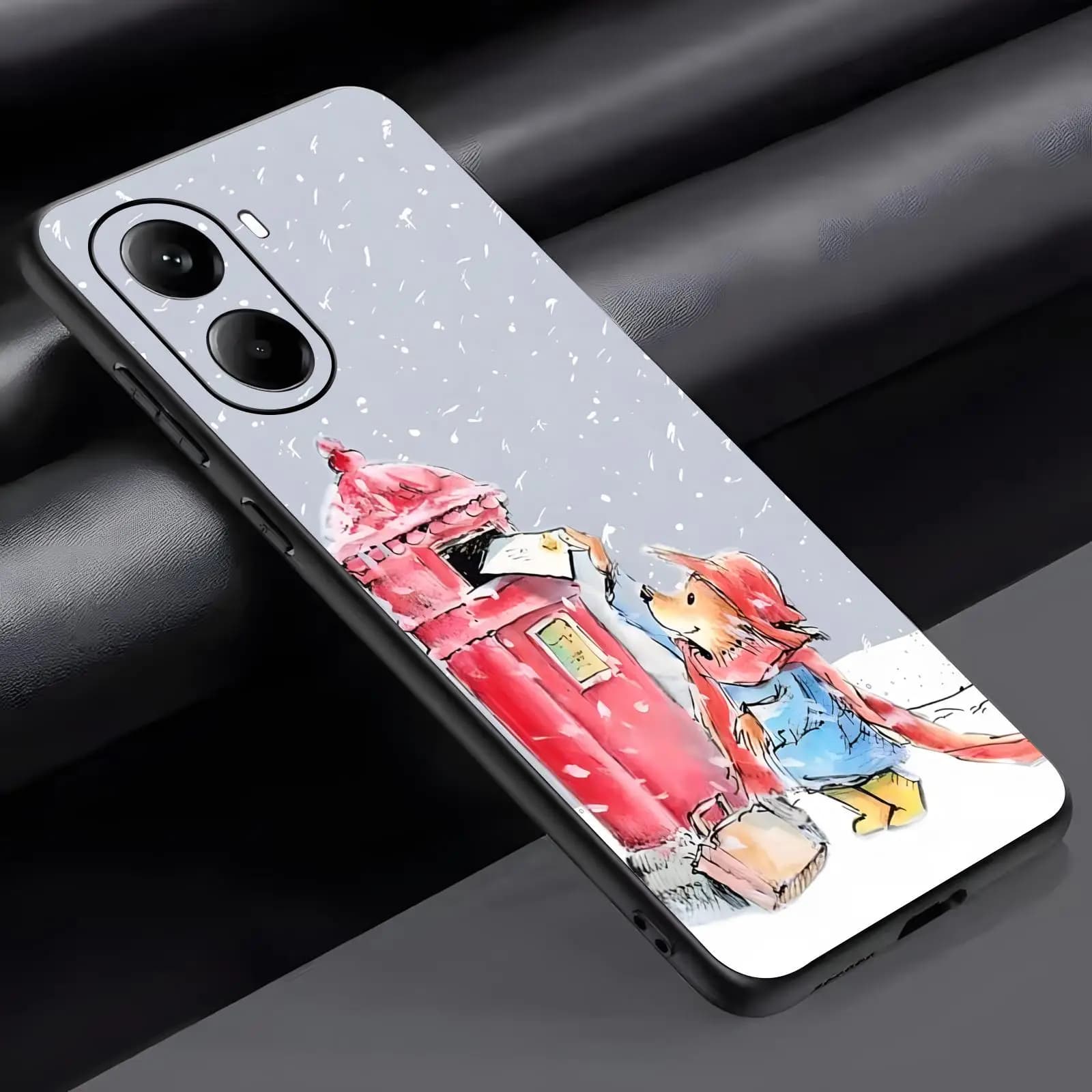 Capa preta para celular Xiaomi POCO com estampa do Paddington Bear enviando carta, material macio e resistente