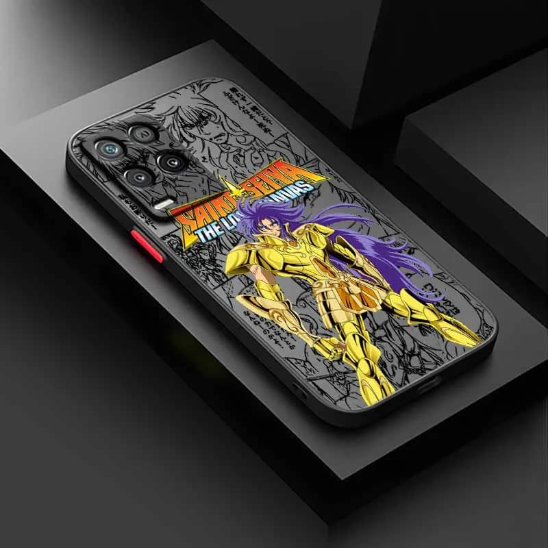 Capa cinza fosca translúcida Saint Seiya com personagem dourado e detalhes amarelos para Xiaomi Redmi Note